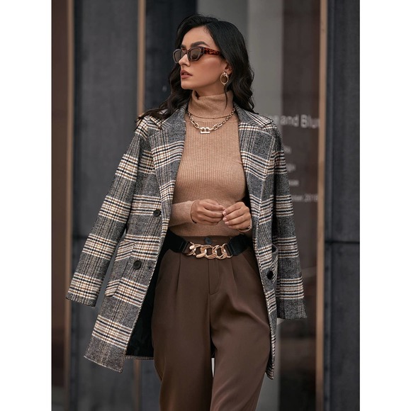 BohoGypsyDreamer.com Jackets & Blazers - Plaid Lapel collar Double Breasted peacoat pea coat Overcoat preppy brown tan